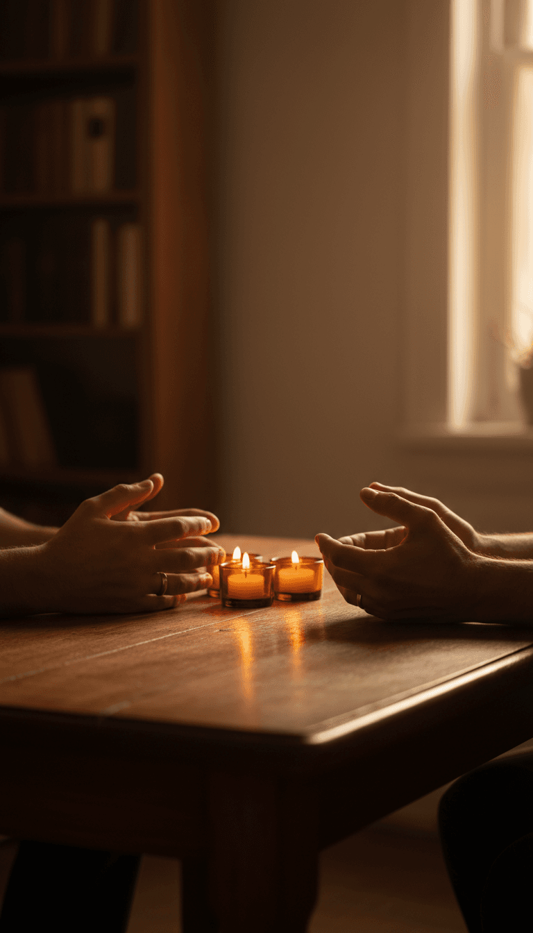 Hands reaching across a table in a moment of trust and conversation